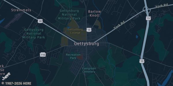 Map of Gettysburg, PA. The exact address of Eisenhower Complex - Hotel and Conference Center is not known, so the map shows the area rather than a specific building.