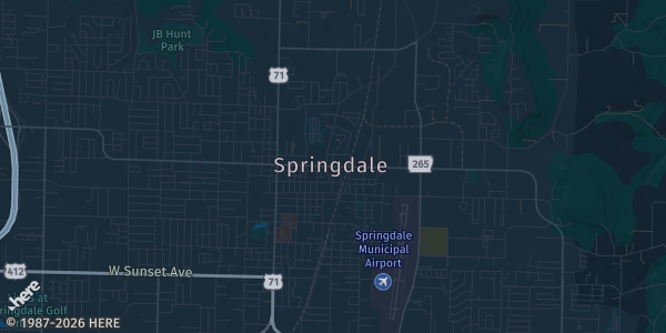 Map of Springdale, AR. The exact address of Holiday Inn & NWA Convention Center is not known, so the map shows the area rather than a specific building.