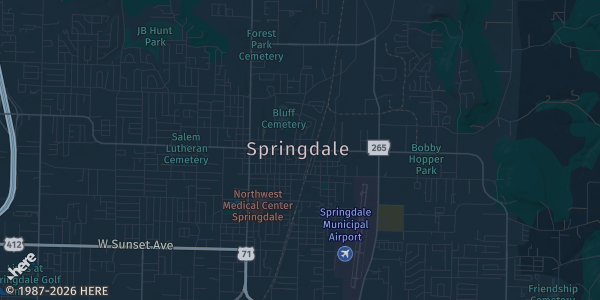 Map of St.Springdale, AR. The exact address of GG2 Sports Card & More Show is not known, so the map shows the area rather than a specific building.