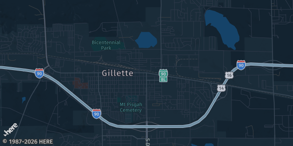 Map of Gillette, WY. The exact address of 720 Trading Cards is not known, so the map shows the area rather than a specific building.