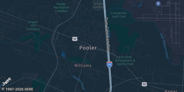 Map of Pooler, GA. The exact address of Pooler Recreation Park is not known, so the map shows the area rather than a specific building.