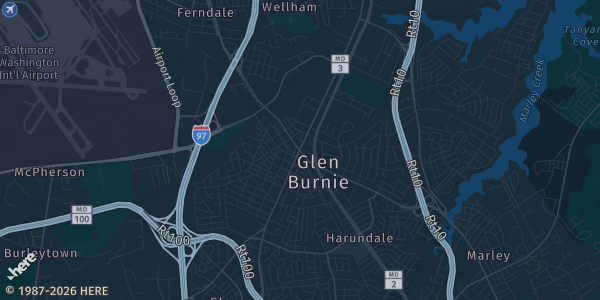 Map of Glen Burnie, MD. The exact address of Monsignor Slade School is not known, so the map shows the area rather than a specific building.