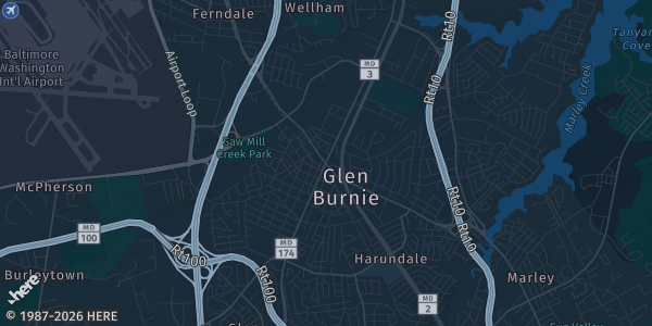 Map of Glen Burnie, MD. The exact address of Monsignor Slade School is not known, so the map shows the area rather than a specific building.