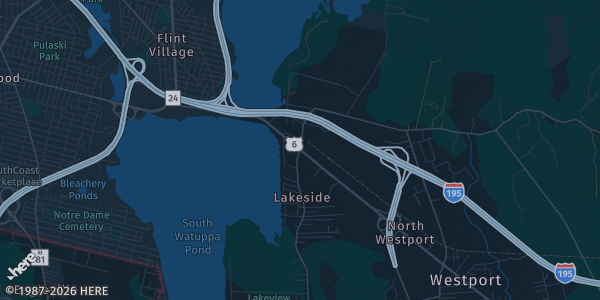 Map of Westport, MA. The exact address of White's of Westport is not known, so the map shows the area rather than a specific building.