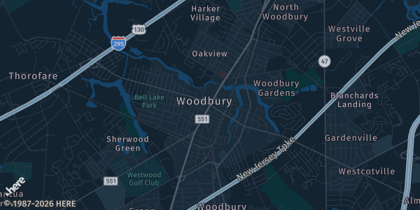 Map of Woodbury, NJ. The exact address of Monmouth Cards - Deptford is not known, so the map shows the area rather than a specific building.