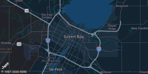 Map of Green Bay, WI. The exact address of Historic Riverside Ballroom is not known, so the map shows the area rather than a specific building.