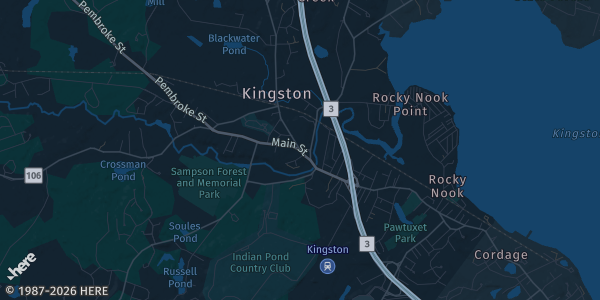 Map of Kingston, MA. The exact address of Kingston Collection Mall is not known, so the map shows the area rather than a specific building.