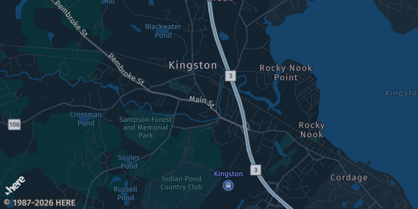 Map of Kingston, MA. The exact address of Kingston Collection Mall is not known, so the map shows the area rather than a specific building.