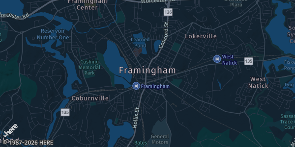 Map of Framingham, MA. The exact address of Renaissance Framingham Hotel & Conference Center is not known, so the map shows the area rather than a specific building.