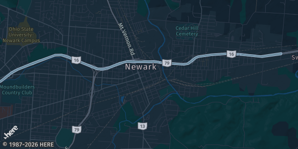 Map of Newark, OH. The exact address of Veteran of Foreign Wars Club is not known, so the map shows the area rather than a specific building.