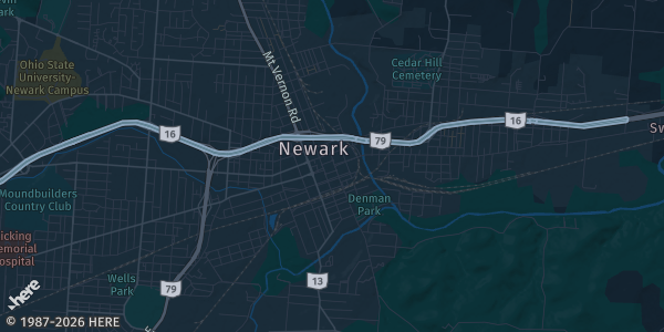 Map of Newark, OH. The exact address of Veteran of Foreign Wars Club is not known, so the map shows the area rather than a specific building.