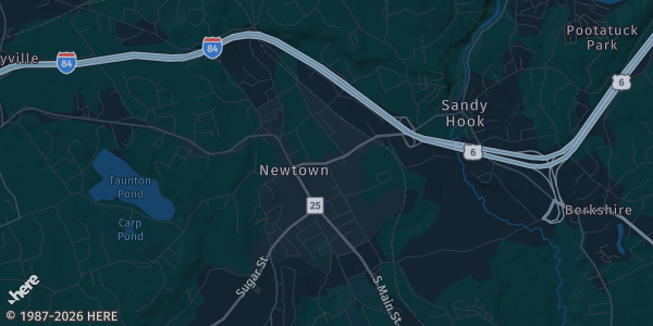 Map of Newtown, CT. The exact address of NYA Sports & Fitness is not known, so the map shows the area rather than a specific building.