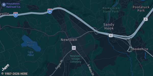Map of Newtown, CT. The exact address of NYA Sports & Fitness is not known, so the map shows the area rather than a specific building.