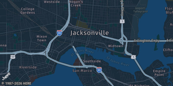 Map of Jacksonville, FL. The exact address of Adam W. Herbert University Center is not known, so the map shows the area rather than a specific building.