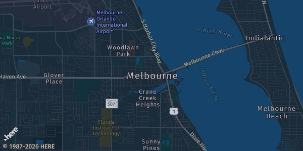 Map of Melbourne, FL. The exact address of Eau Gallie Civic Center is not known, so the map shows the area rather than a specific building.