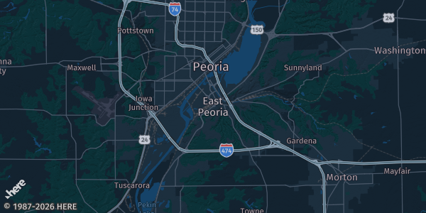 Map of East Peoria, IL. The exact address of Embassy Suites East Peoria is not known, so the map shows the area rather than a specific building.