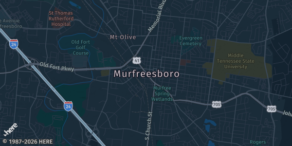 Map of Murfreesboro, TN. The exact address of Grand Station is not known, so the map shows the area rather than a specific building.