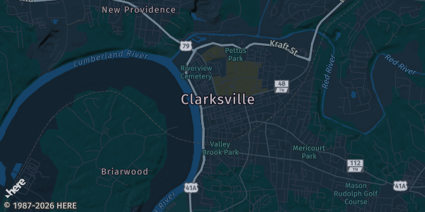 Map of Clarksville, TN. The exact address of Wilma Rudolph Event Center is not known, so the map shows the area rather than a specific building.