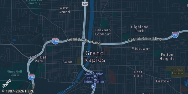 Map of Grand Rapids, MI. The exact address of Grand Rapids Comic Con is not known, so the map shows the area rather than a specific building.