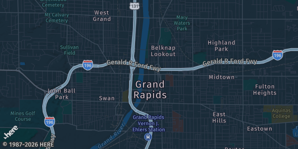 Map of Grand Rapids, MI. The exact address of Grand Rapids Comic Con is not known, so the map shows the area rather than a specific building.