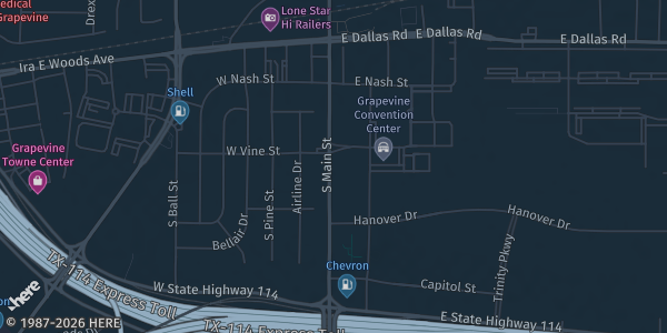Map showing Grapevine Convention Center in Grapevine, TX.