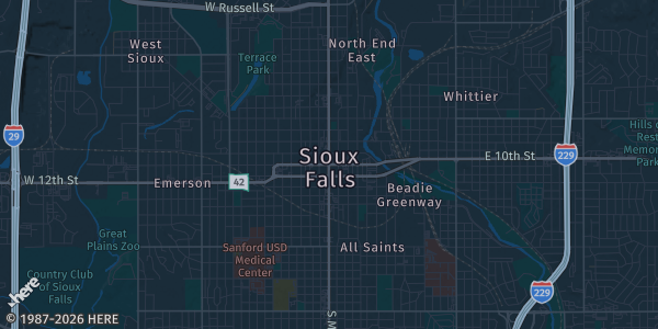 Map of Sioux Falls, SD. The exact address of Hilton Garden Inn Downtown Sioux Falls is not known, so the map shows the area rather than a specific building.