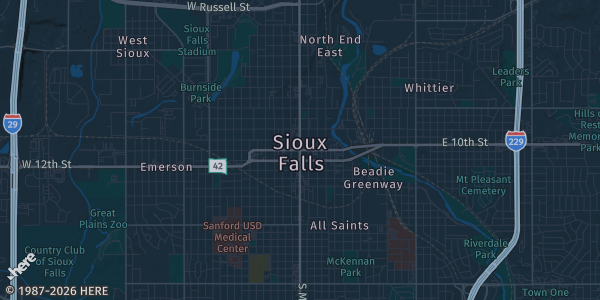 Map of Sioux Falls, SD. The exact address of Hilton Garden Inn Downtown Sioux Falls is not known, so the map shows the area rather than a specific building.