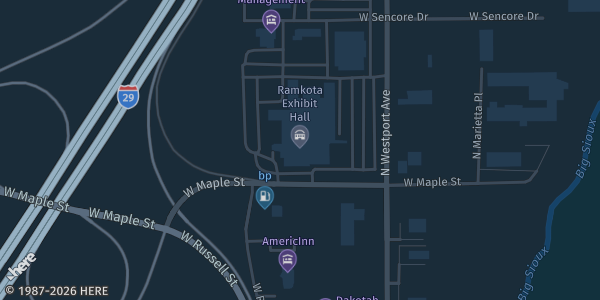 Map showing Ramkota Exhibit Hall in Sioux Falls, SD.