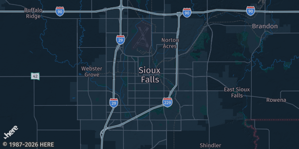 Map of Sioux Falls, SD. The exact address of Vibes Bar & Events is not known, so the map shows the area rather than a specific building.