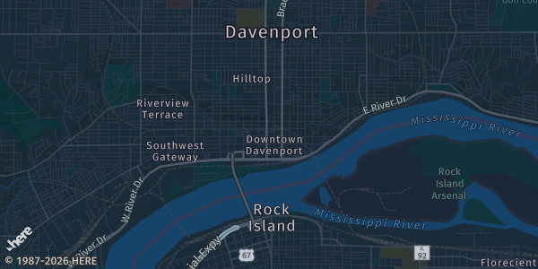 Map of Davenport, IA. The exact address of Mississippi Valley Fairgrounds Expo Hall is not known, so the map shows the area rather than a specific building.