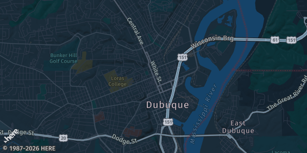Map of Dubuque, IA. The exact address of Q Casino Reflections Center is not known, so the map shows the area rather than a specific building.