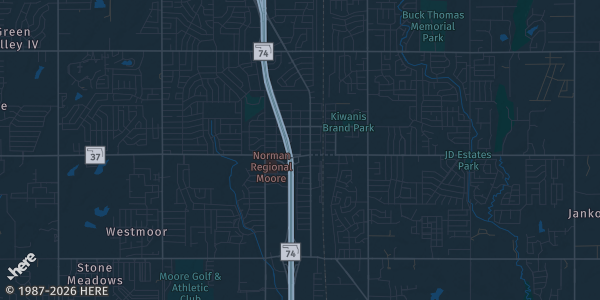 Map of Moore, OK. The exact address of Moore Community Center is not known, so the map shows the area rather than a specific building.
