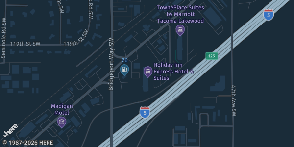 Map showing Holiday Inn Express in Lakewood, WA.