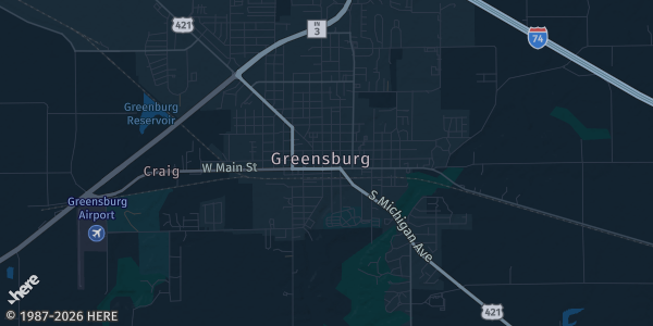 Map of Greensburg, IN. The exact address of St. Mary's Church is not known, so the map shows the area rather than a specific building.