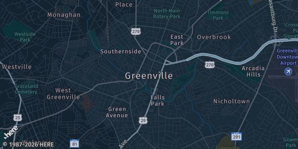 Map of Greenville, SC. The exact address of Best Western Plus is not known, so the map shows the area rather than a specific building.