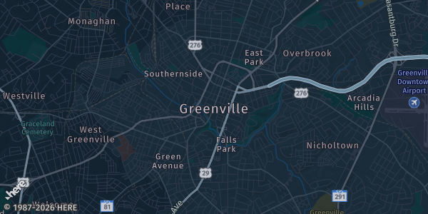 Map of Greenville, SC. The exact address of Greenville Sports Cards, TCG, and Pokemon Show is not known, so the map shows the area rather than a specific building.