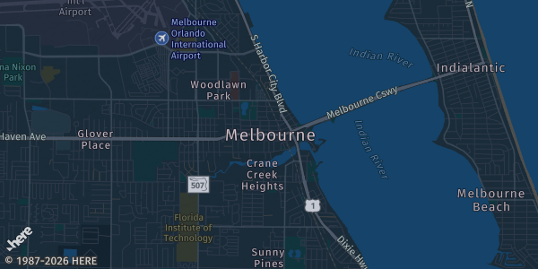 Map of Melbourne, FL. The exact address of Eau Gallie Civic Center is not known, so the map shows the area rather than a specific building.
