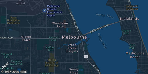 Map of Melbourne, FL. The exact address of Eau Gallie Civic Center is not known, so the map shows the area rather than a specific building.