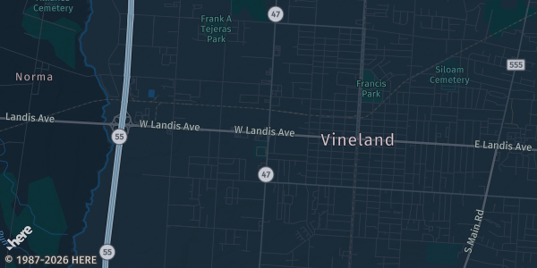 Map of Vineland, NJ. The exact address of GSCF: Vineland is not known, so the map shows the area rather than a specific building.