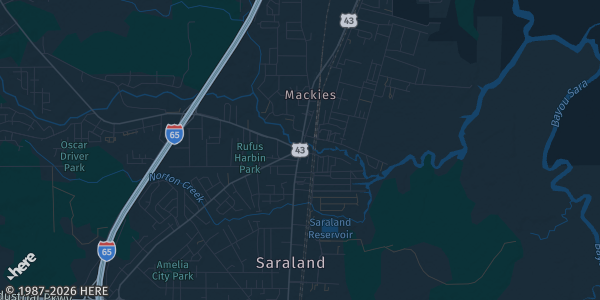 Map of Saraland, AL. The exact address of Saraland Event Center is not known, so the map shows the area rather than a specific building.