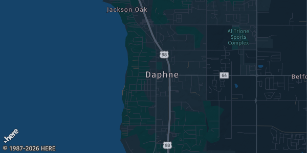 Map of Daphne, AL. The exact address of GULF COAST CARD SHOW is not known, so the map shows the area rather than a specific building.