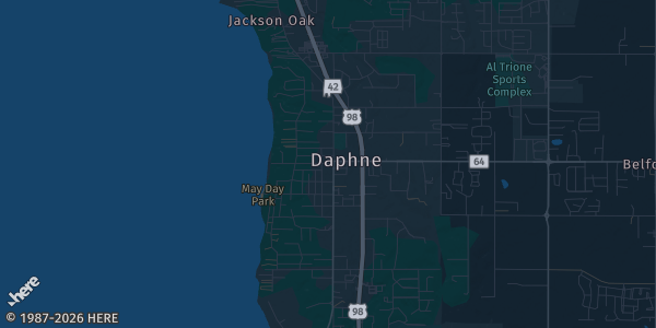 Map of Daphne, AL. The exact address of GULF COAST CARD SHOW is not known, so the map shows the area rather than a specific building.