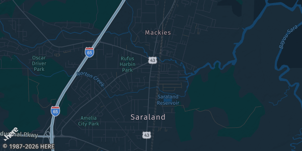 Map of SouthSaraland, AL. The exact address of Saraland Event Center is not known, so the map shows the area rather than a specific building.