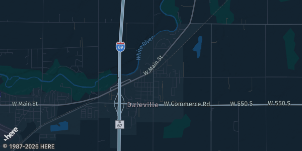 Map of Daleville, IN. The exact address of Daleville Elementary School is not known, so the map shows the area rather than a specific building.