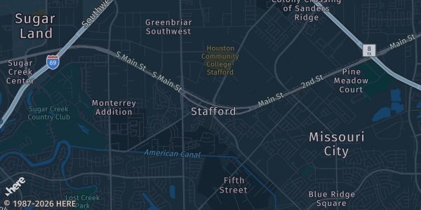 Map of Stafford, TX. The exact address of Stafford Centre is not known, so the map shows the area rather than a specific building.