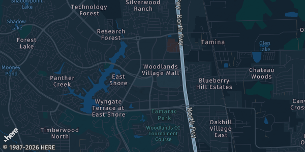 Map of The Woodlands, TX. The exact address of The Woodlands Waterway Marriott Hotel & Convention Center is not known, so the map shows the area rather than a specific building.