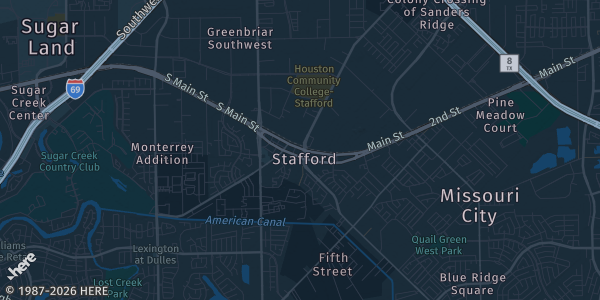 Map of Stafford, TX. The exact address of Stafford Centre is not known, so the map shows the area rather than a specific building.