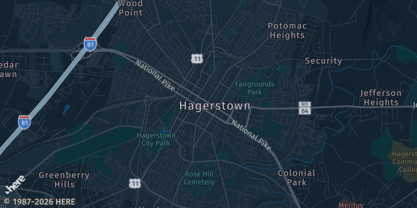 Map of Hagerstown, MD. The exact address of Hagerstown Valley Mall is not known, so the map shows the area rather than a specific building.