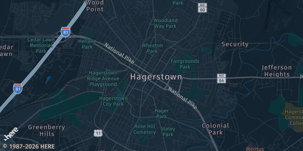 Map of Hagerstown, MD. The exact address of Hagerstown Valley Mall is not known, so the map shows the area rather than a specific building.