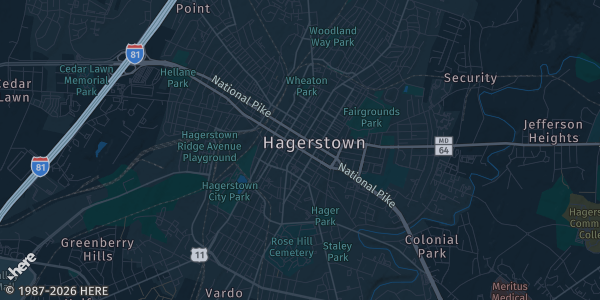 Map of Hagerstown, MD. The exact address of Valley Mall is not known, so the map shows the area rather than a specific building.